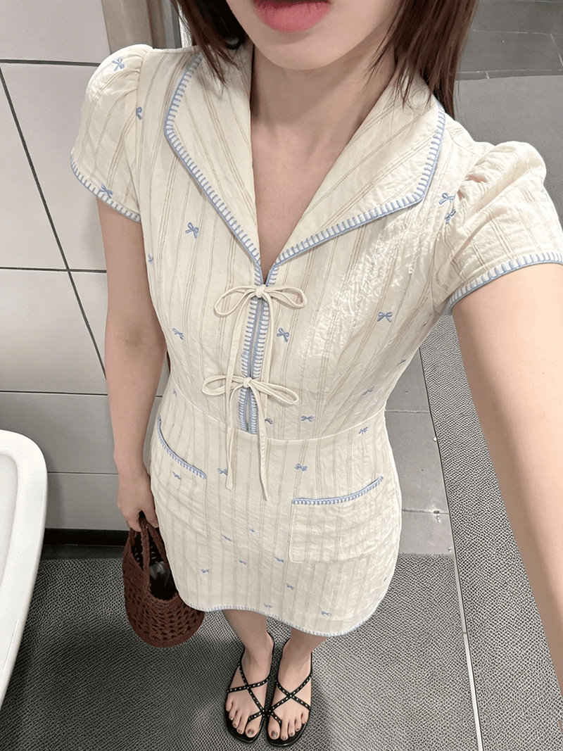 프랑스식 레트로 드레스 여름 쇼트 스타일 폴로 칼라 V넥 나비 매듭 자수 레이스업 거품 소매 베이지 색 상세 이미지 3