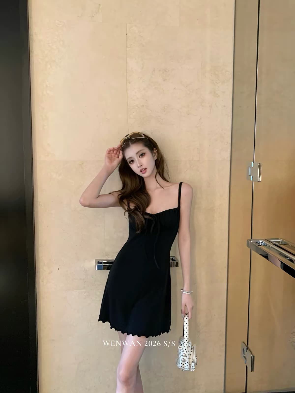 wenwan 순수한 욕망 sk1m s 프릴 레이스업 펌프 Pleat 얇은 스타일 허리 수축 면 슬립 드레스 이미지 2