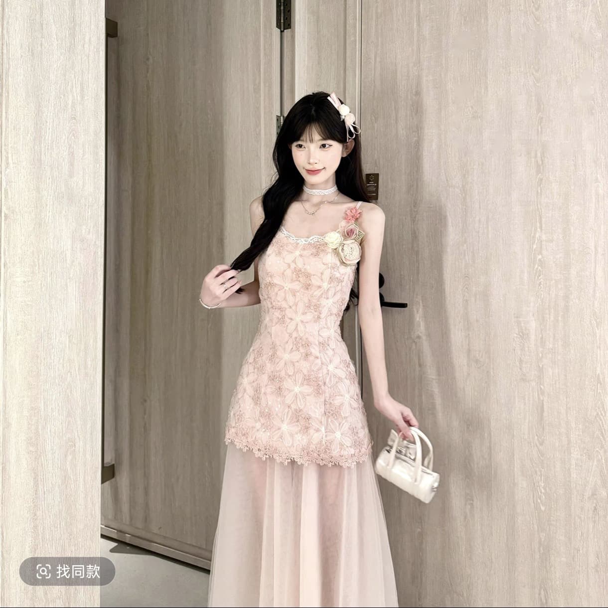 꽃 객실 달콤한 꿈 프랑스식 달콤한 스타일 꽃무늬 허리 수축 슬립 드레스 망사 패치워크 치마 이미지 2