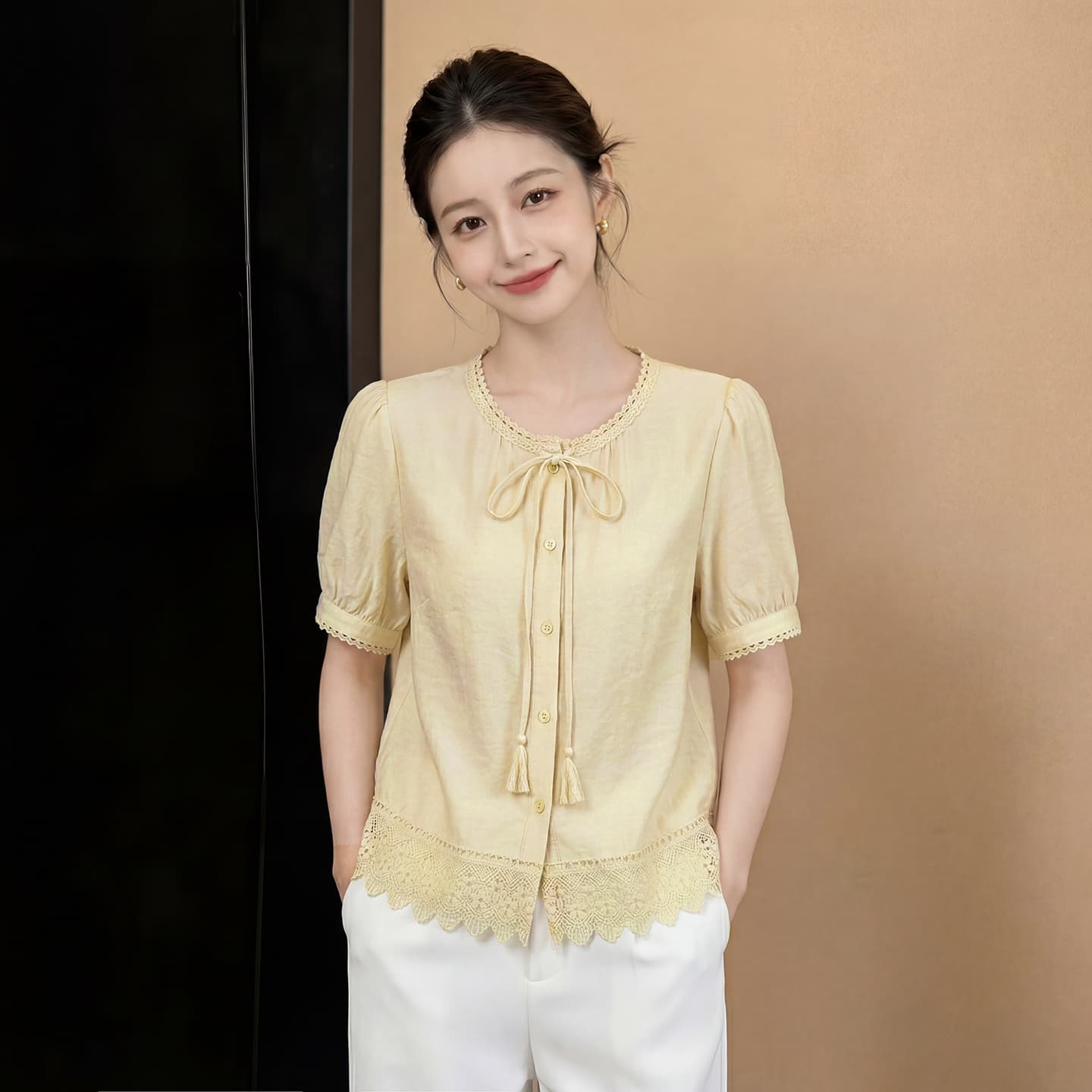 2026 여름 거품 소매 홀로우 아웃 레이스 레이스 디자인 센스 반팔 맨위 이미지 4