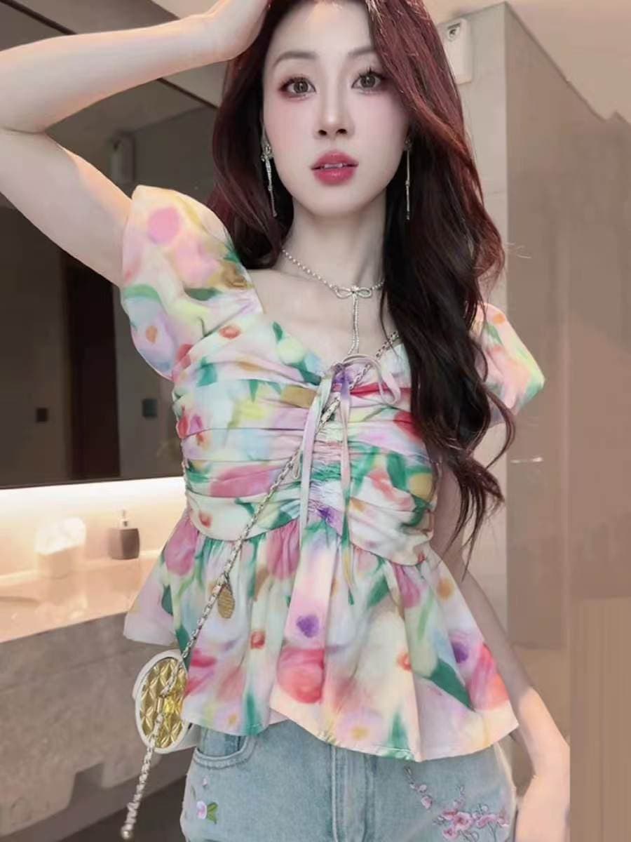 프랑스식 순수한 욕망 유화 프린트 오프숄더 여성 셔츠 여름 2025 새로운 외국 가스 작은 셔츠 이미지 2