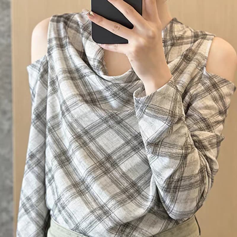 디자인 센스 오프숄더 체크무늬 셔츠 여성 긴 소매 루즈핏 슬림해 보이는 다용도 출퇴근 바람 맨위 다용도 맨위 캐주얼 이미지 5