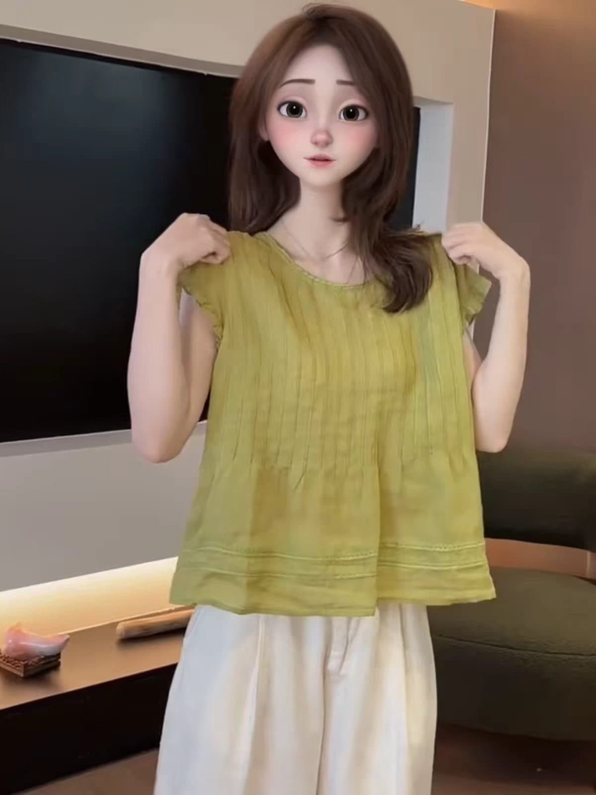2026 여름 섹션 신제품 품격 문예 루즈핏 라미 우아함 부드러운 레이스 셔츠 캐주얼 통기성 민소매 셔츠 상세 이미지 2