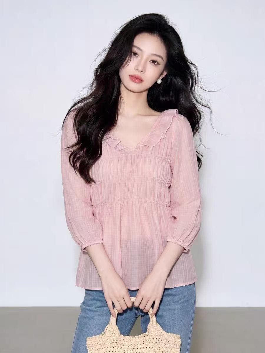 사쿠라 꽃가루 질감 센스 거품 소매 자외선 차단 여성 셔츠 여름 2026 새로운 튀김 거리 고유 한 아름다운 인형 셔츠 맨위 이미지 2