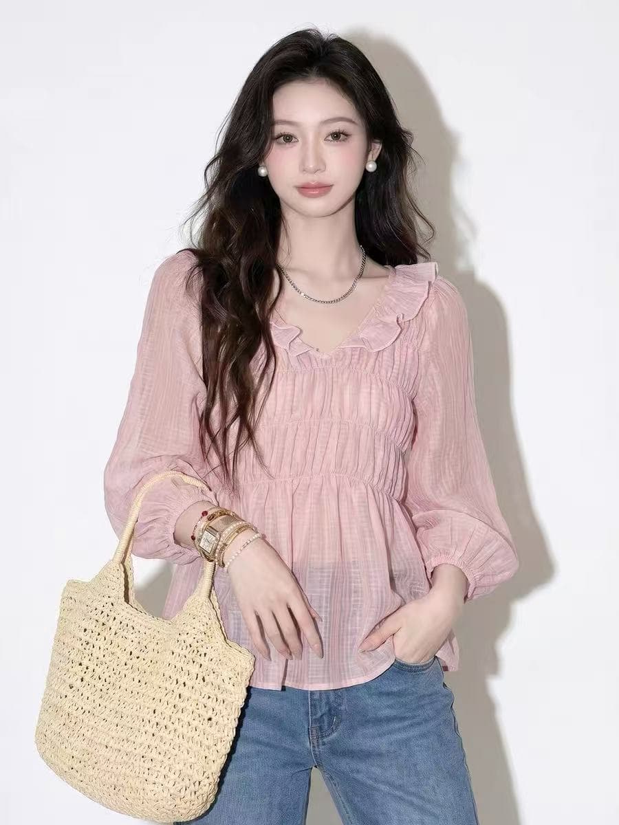 사쿠라 꽃가루 질감 센스 거품 소매 자외선 차단 여성 셔츠 여름 2026 새로운 튀김 거리 고유 한 아름다운 인형 셔츠 맨위 상세 이미지 1