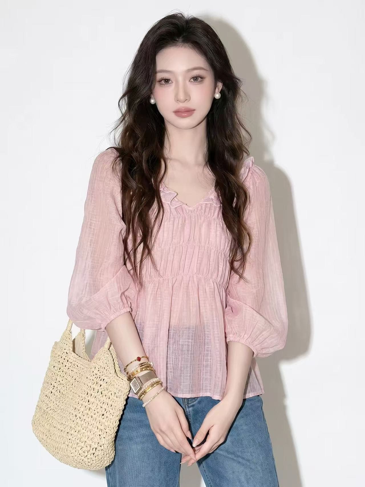 사쿠라 꽃가루 질감 센스 거품 소매 자외선 차단 여성 셔츠 여름 2026 새로운 튀김 거리 고유 한 아름다운 인형 셔츠 맨위 상세 이미지 2