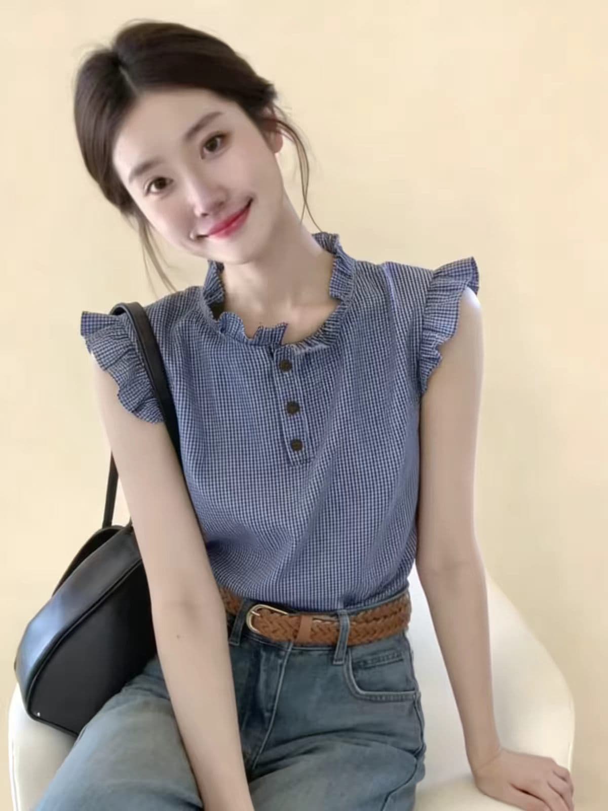 한 부서 작은 대중 디자인 센스 Feifei 소매 체크무늬 여성 셔츠 여름 연령 감소 캐주얼 루즈핏 프릴 조끼 맨위 이미지 2