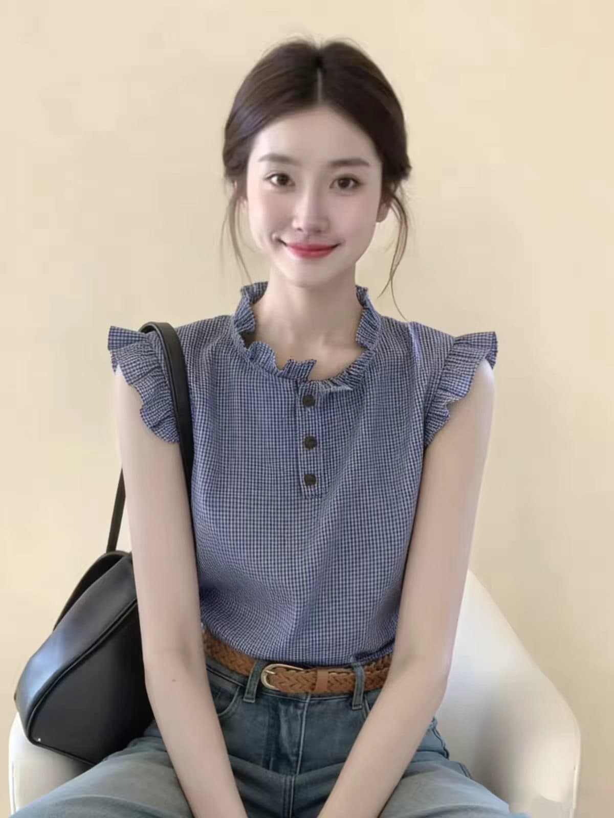한 부서 작은 대중 디자인 센스 Feifei 소매 체크무늬 여성 셔츠 여름 연령 감소 캐주얼 루즈핏 프릴 조끼 맨위 이미지 3