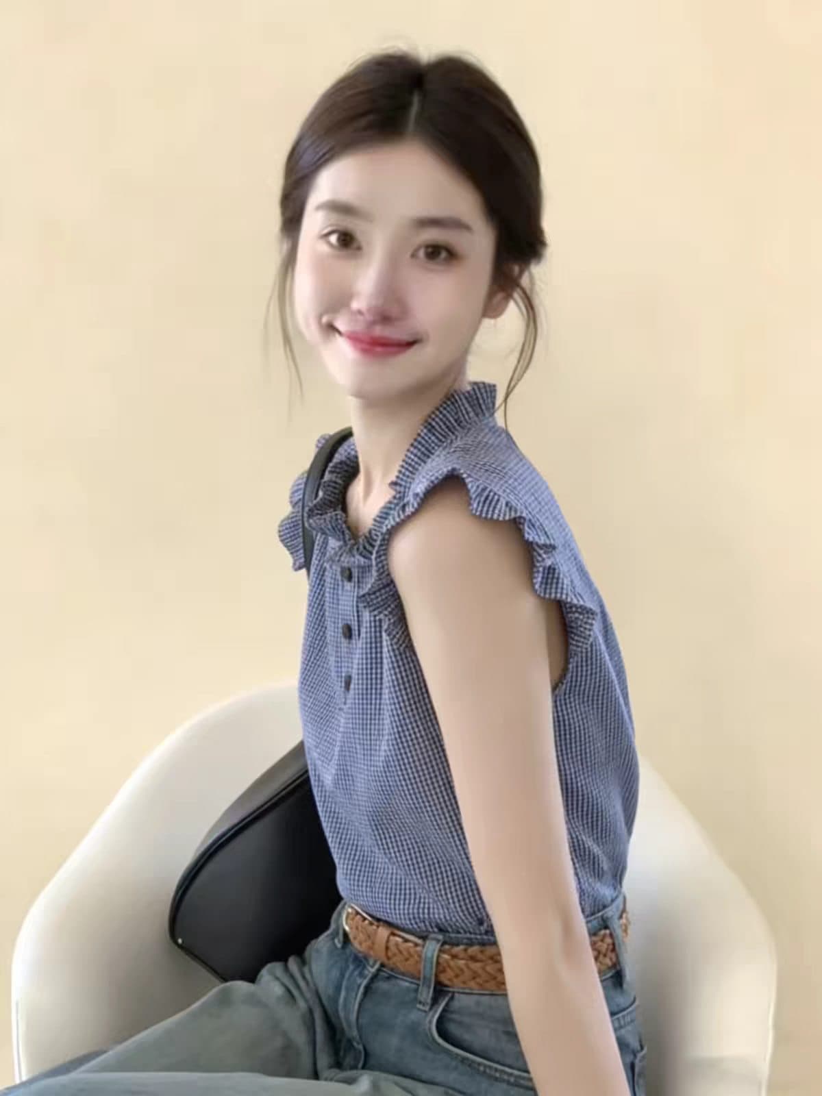 한 부서 작은 대중 디자인 센스 Feifei 소매 체크무늬 여성 셔츠 여름 연령 감소 캐주얼 루즈핏 프릴 조끼 맨위 이미지 4