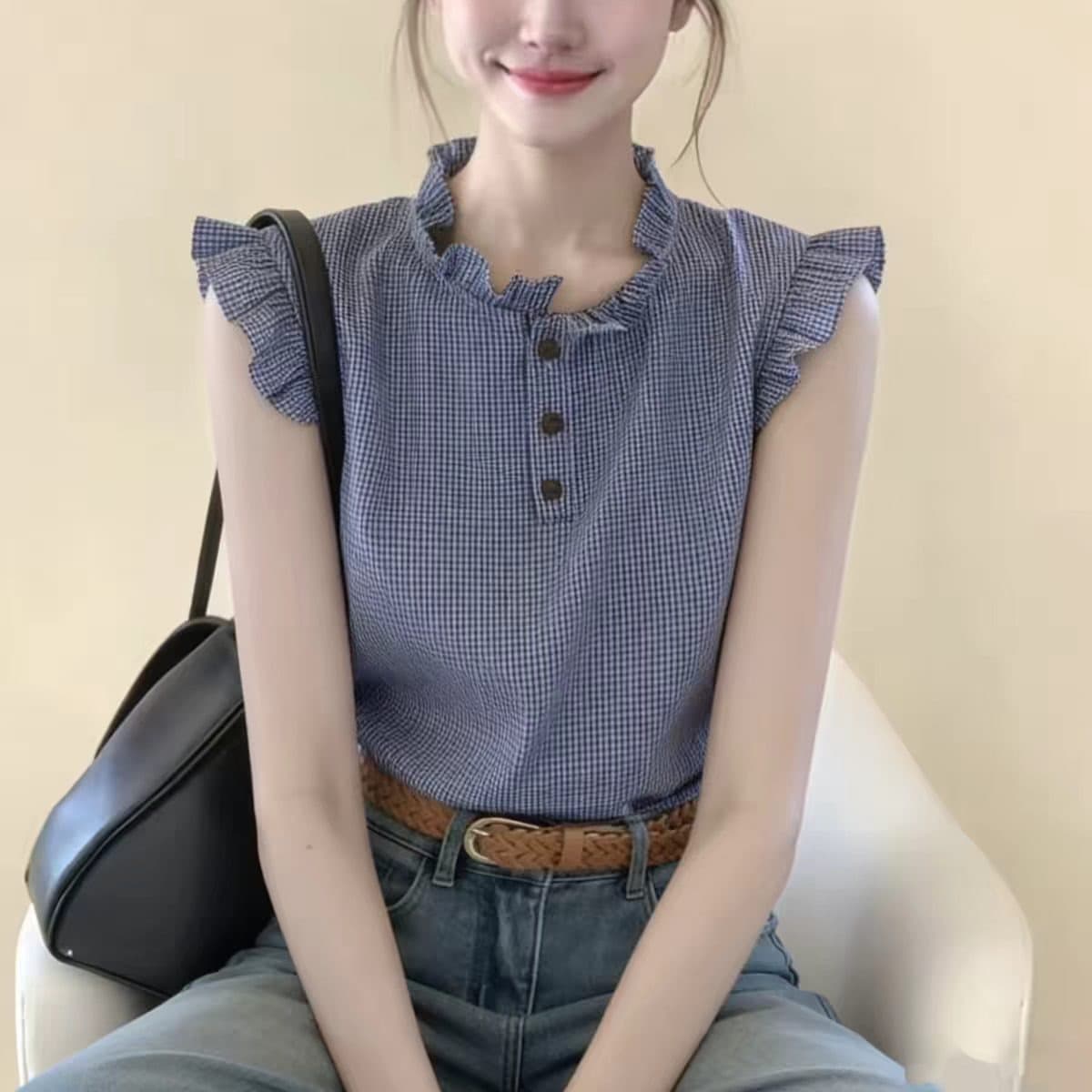 한 부서 작은 대중 디자인 센스 Feifei 소매 체크무늬 여성 셔츠 여름 연령 감소 캐주얼 루즈핏 프릴 조끼 맨위 이미지 5