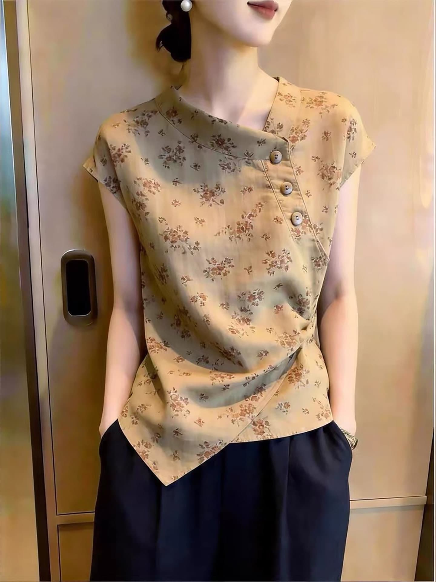 레트로 비스듬한 어깨 꽃무늬 반팔 여성 셔츠 여름 허리 수축 디자인 센스 작은 대중 주름 불규칙 고급 센스 맨위 상세 이미지 1