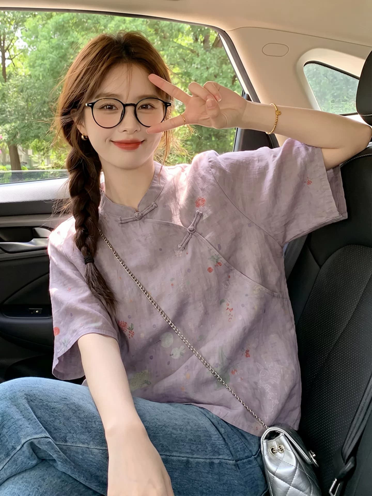 새로운 중식 국풍 절묘한 여성 의류 보라색 면 린넨 프린트 반팔 셔츠 개선 당나라 영 에디션 루즈핏 맨위 이미지 4