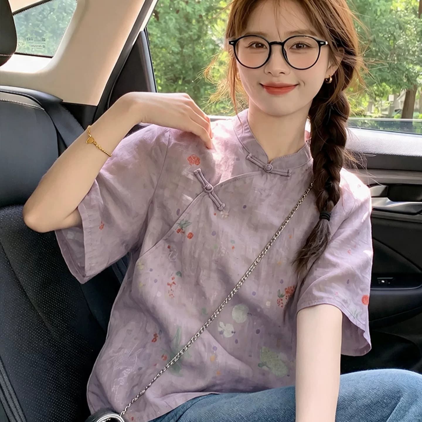 새로운 중식 국풍 절묘한 여성 의류 보라색 면 린넨 프린트 반팔 셔츠 개선 당나라 영 에디션 루즈핏 맨위 이미지 5