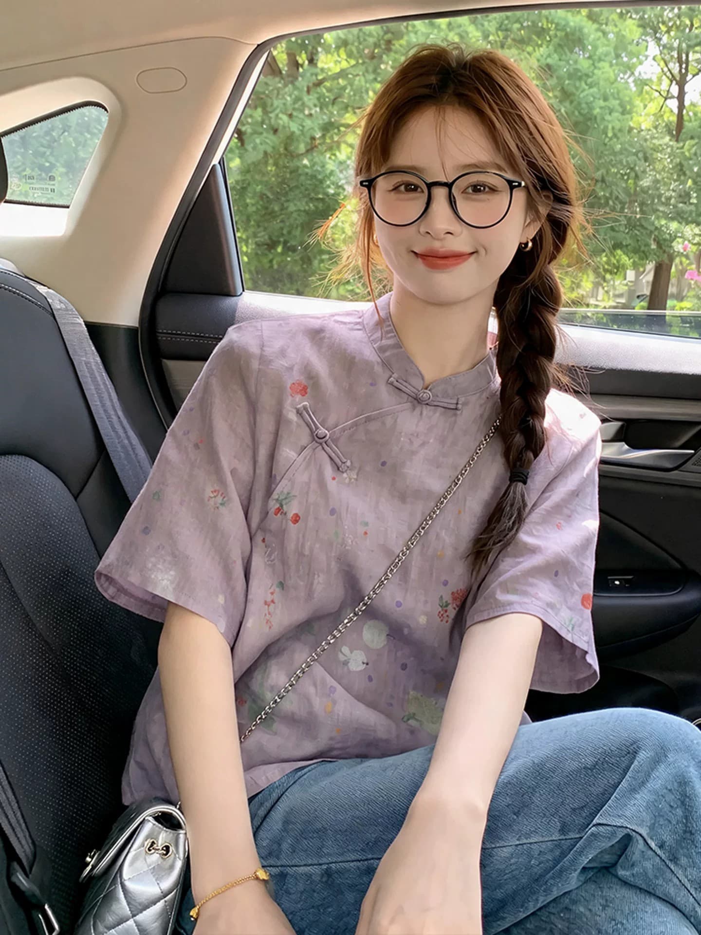 새로운 중식 국풍 절묘한 여성 의류 보라색 면 린넨 프린트 반팔 셔츠 개선 당나라 영 에디션 루즈핏 맨위 상세 이미지 1