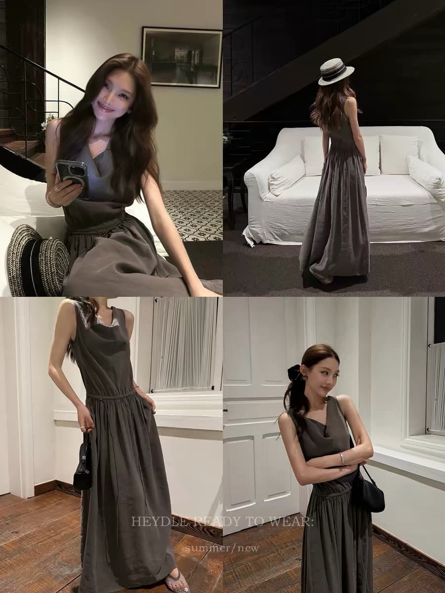 검은 콩 흠 코코아 甜酒 프랑스식 흔들다 칼라 민소매 조끼 원피스 레이스업 허리 수축 펌프 로프 중간 길이 치마 상세 이미지 3