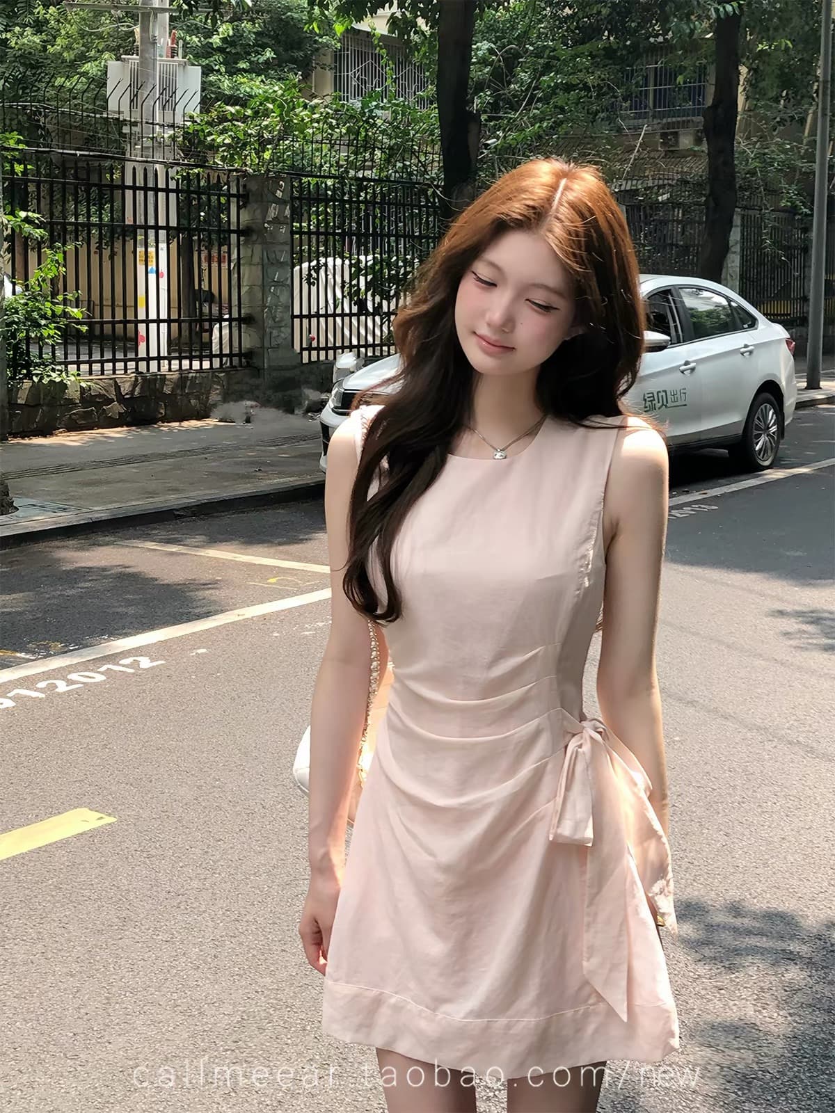 callmeear 저녁 바람 매매 나비 매듭 스트랩 허리 수축 주간 실크 아마 조끼 스커트 드레스 여름 이미지 4