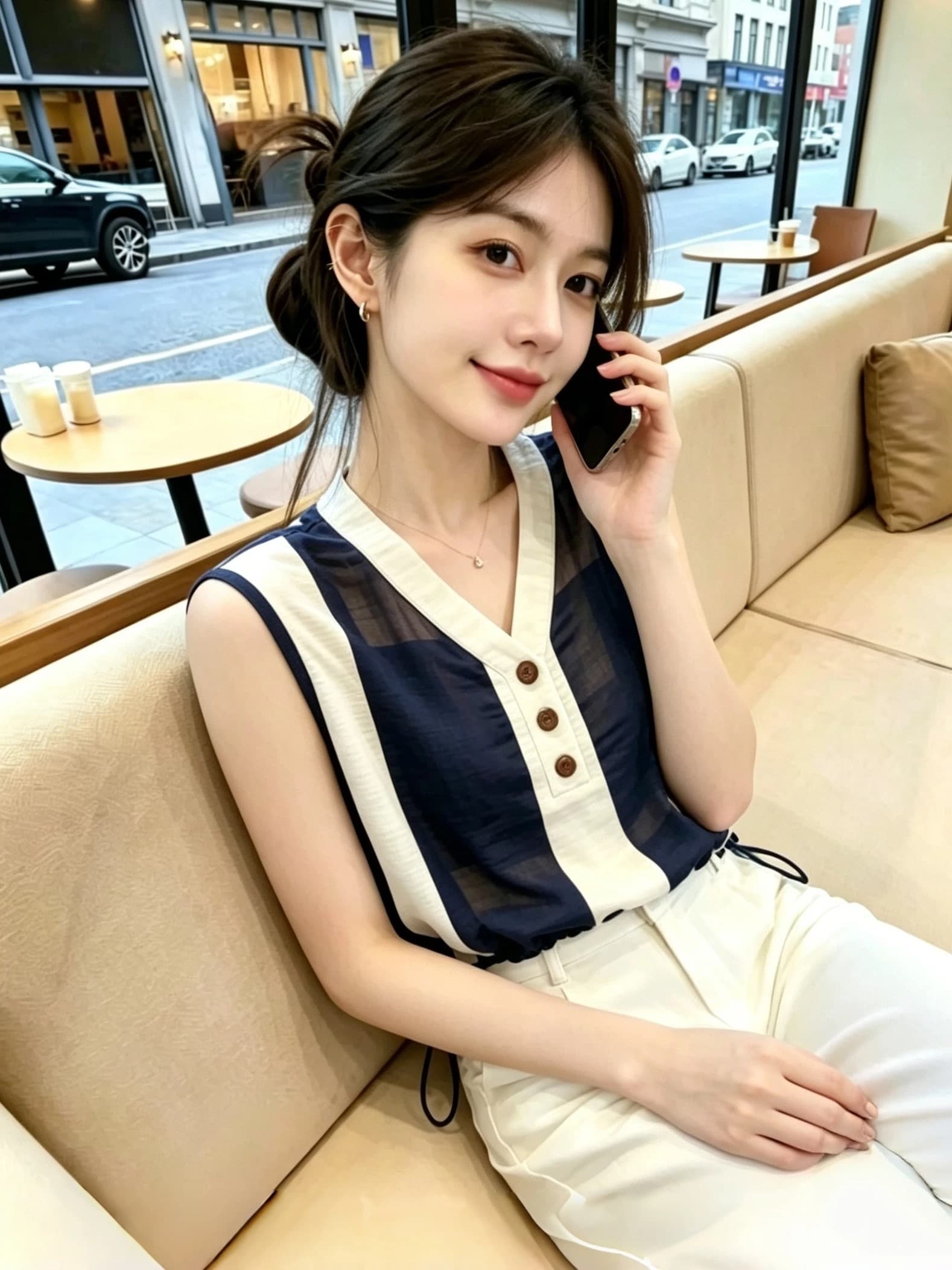 패션 배색 스트라이프 V넥 민소매 셔츠 여성 여름 새로운 작은 셔츠 올해 인기 외국 가스 연령 감소 맨위 상세 이미지 2