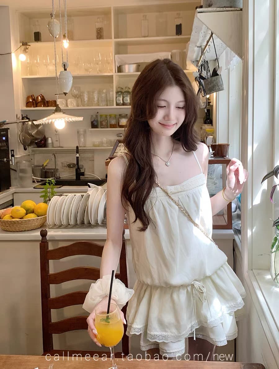 callmeear 나비 매듭 아마 펌프 로프 맨위 레이스 조각 슬립 한 마디 반신 스커트 여성 여름 상세 이미지 1
