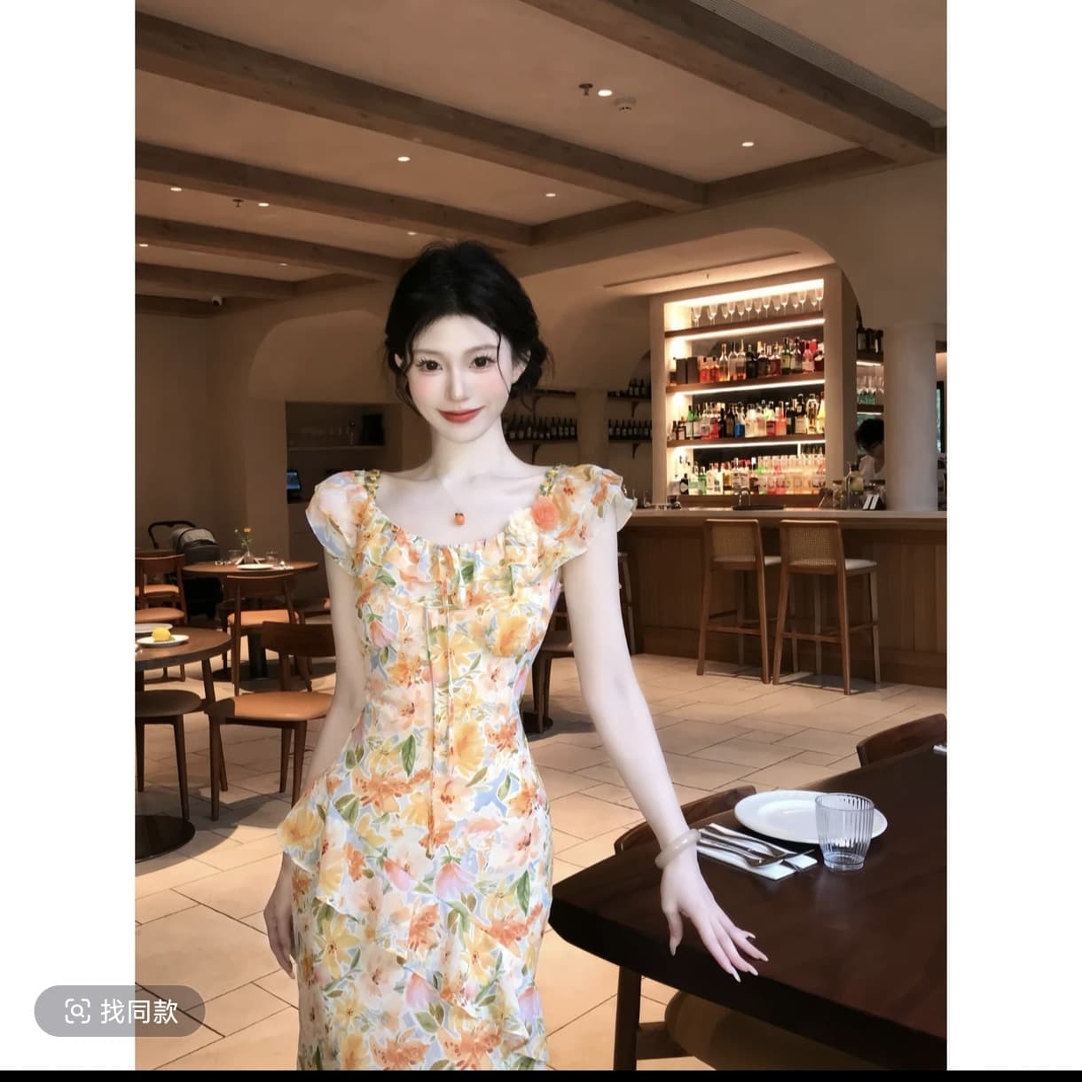 녹색 岚 나비 춤 프랑스식 레트로 여름 신제품 허리 수축 슬림해 보이는 폴로 칼라 꽃무늬 수 있습니다. 둘 착용 슬립 드레스 이미지 3