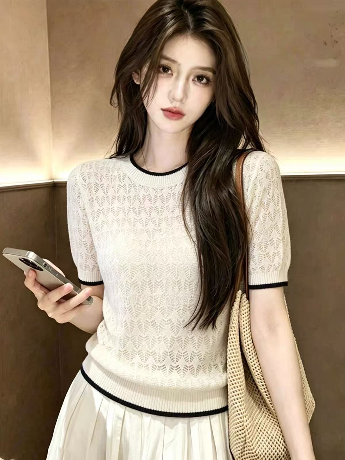 여름 새로운 홀로우 아웃 반팔 여성 셔츠 얇은 스타일 얼음 실크 티셔츠 외국 가스 다용도 품격 니트 만나는 에어컨 셔츠 상세 이미지 1