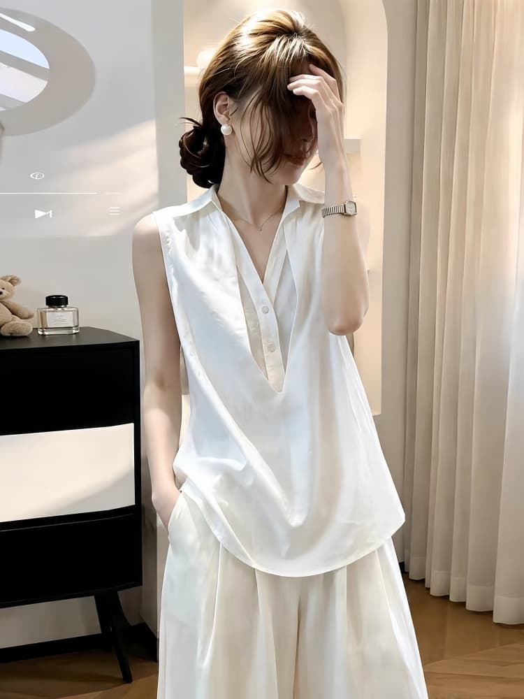 화이트 질감 센스 페이크 레이어드 민소매 여성 셔츠 2026 새로운 여름 프랑스식 맨위 오래된 돈 바람 출퇴근 착용 가져 가라. 상세 이미지 1