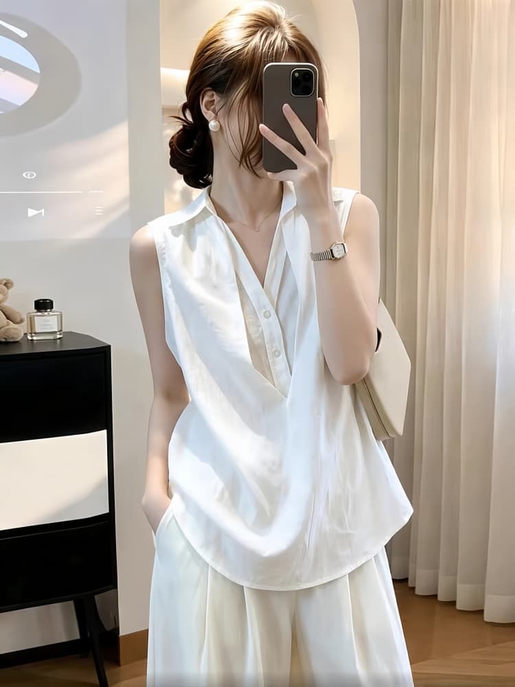 화이트 질감 센스 페이크 레이어드 민소매 여성 셔츠 2026 새로운 여름 프랑스식 맨위 오래된 돈 바람 출퇴근 착용 가져 가라. 상세 이미지 3
