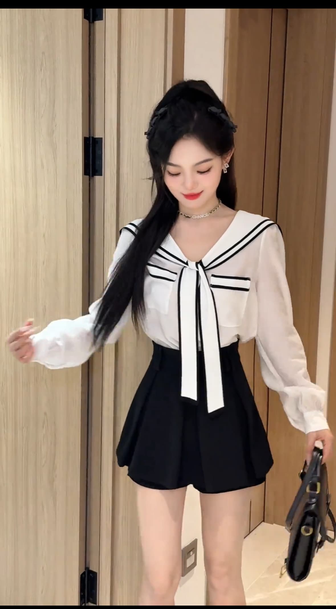 mm 프랑스식 리본 해군 칼라 여성 셔츠 가을 새로운 연령 감소 Chic 긴팔 맨위 이미지 2