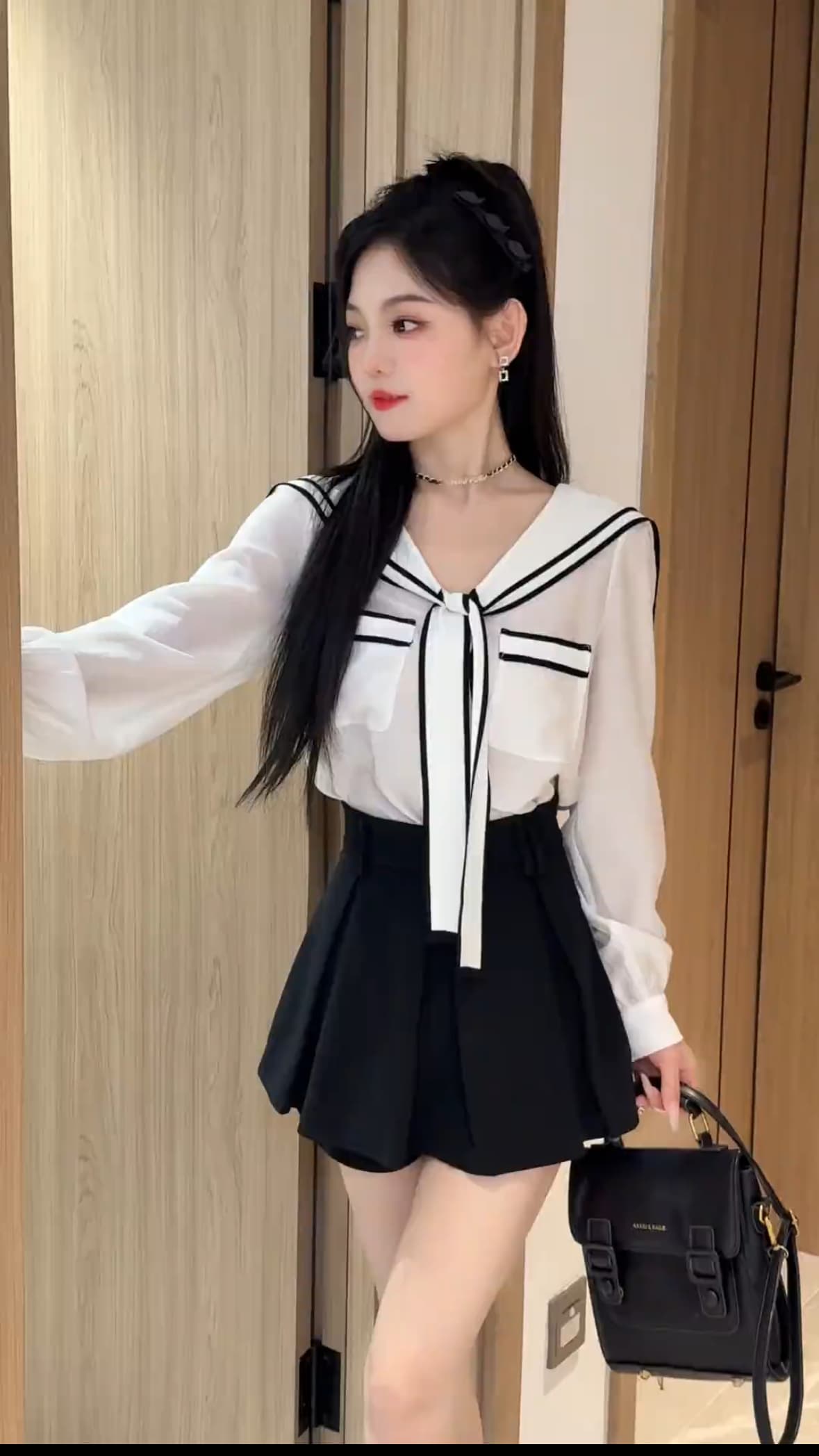mm 프랑스식 리본 해군 칼라 여성 셔츠 가을 새로운 연령 감소 Chic 긴팔 맨위 이미지 4