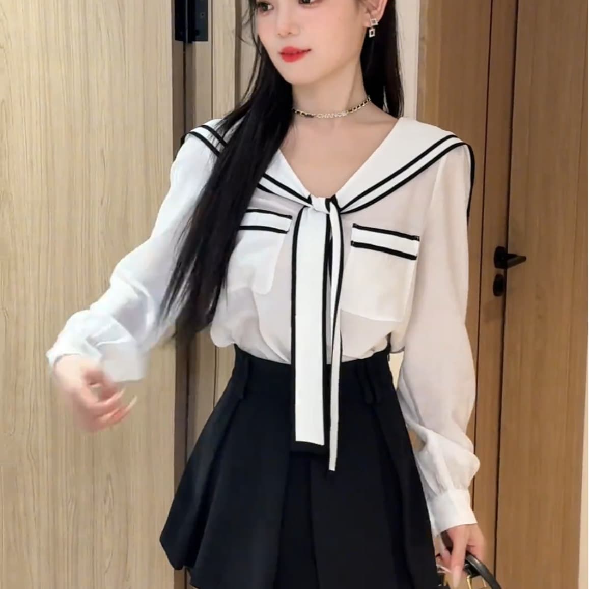 mm 프랑스식 리본 해군 칼라 여성 셔츠 가을 새로운 연령 감소 Chic 긴팔 맨위 이미지 5