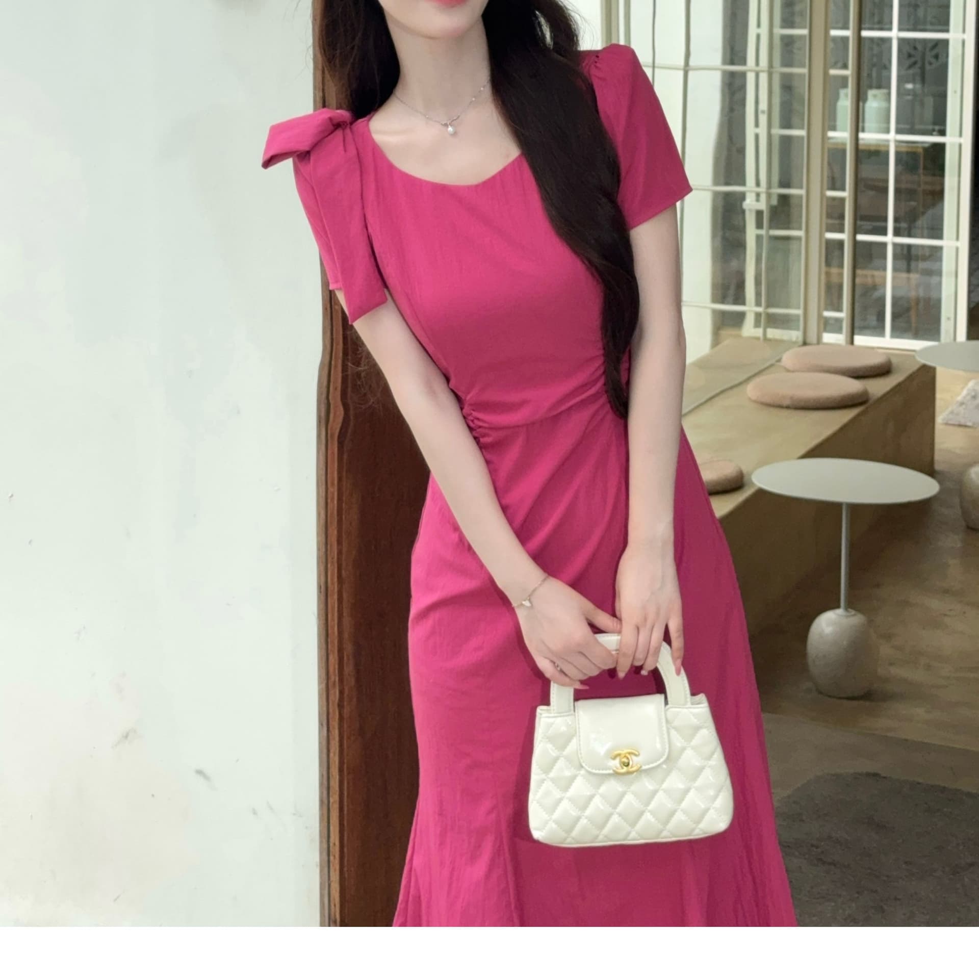 lili 리 리 가족 라스베리 소녀 프랑스식 명문 여성 라스베리 색상 인어 꼬리 스커트 여름 섹션 디스플레이 화이트 품격 드레스 이미지 5