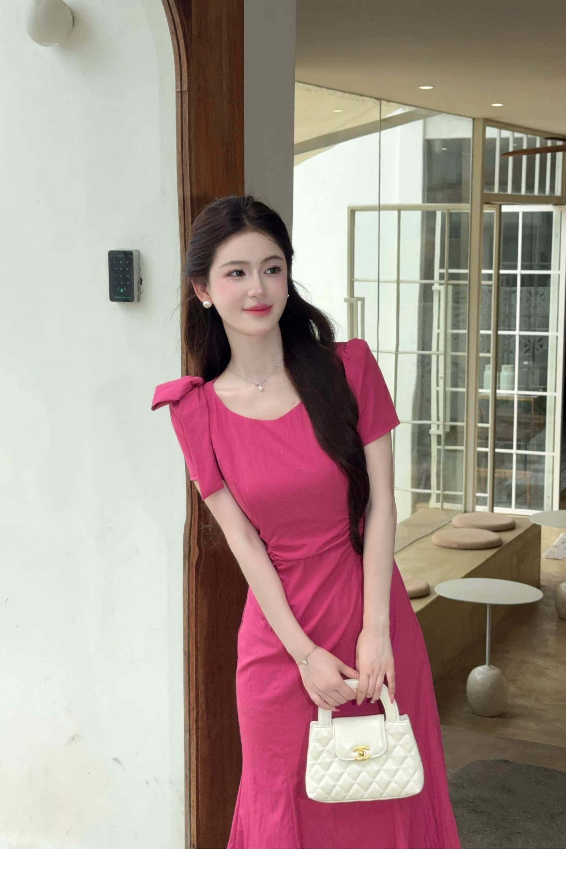 lili 리 리 가족 라스베리 소녀 프랑스식 명문 여성 라스베리 색상 인어 꼬리 스커트 여름 섹션 디스플레이 화이트 품격 드레스 상세 이미지 2
