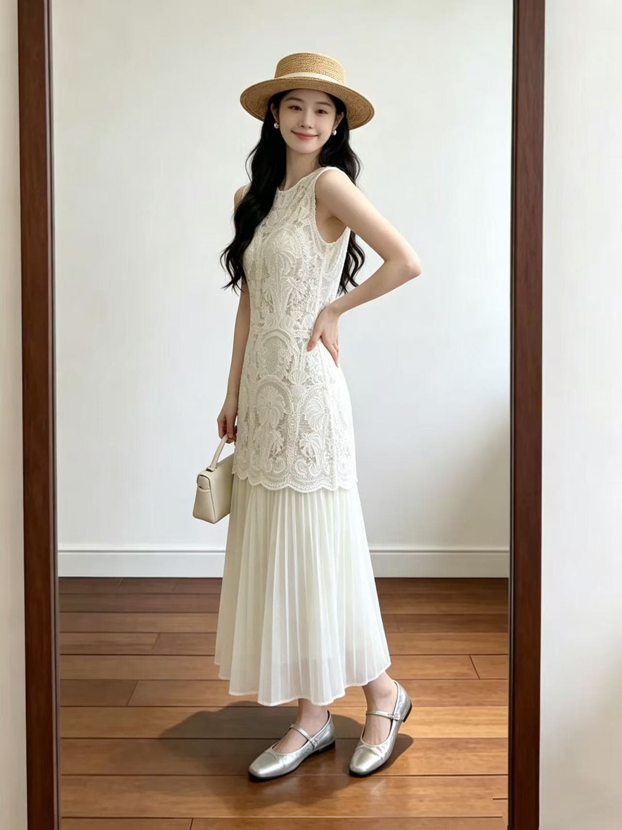화이트 홀로우 아웃 광장 칼라 거품 소매 여성 드레스 여름 여름 작은 대중 디자인 순수한 롱 스커트 프랑스식 차 휴식 치마 이미지 4