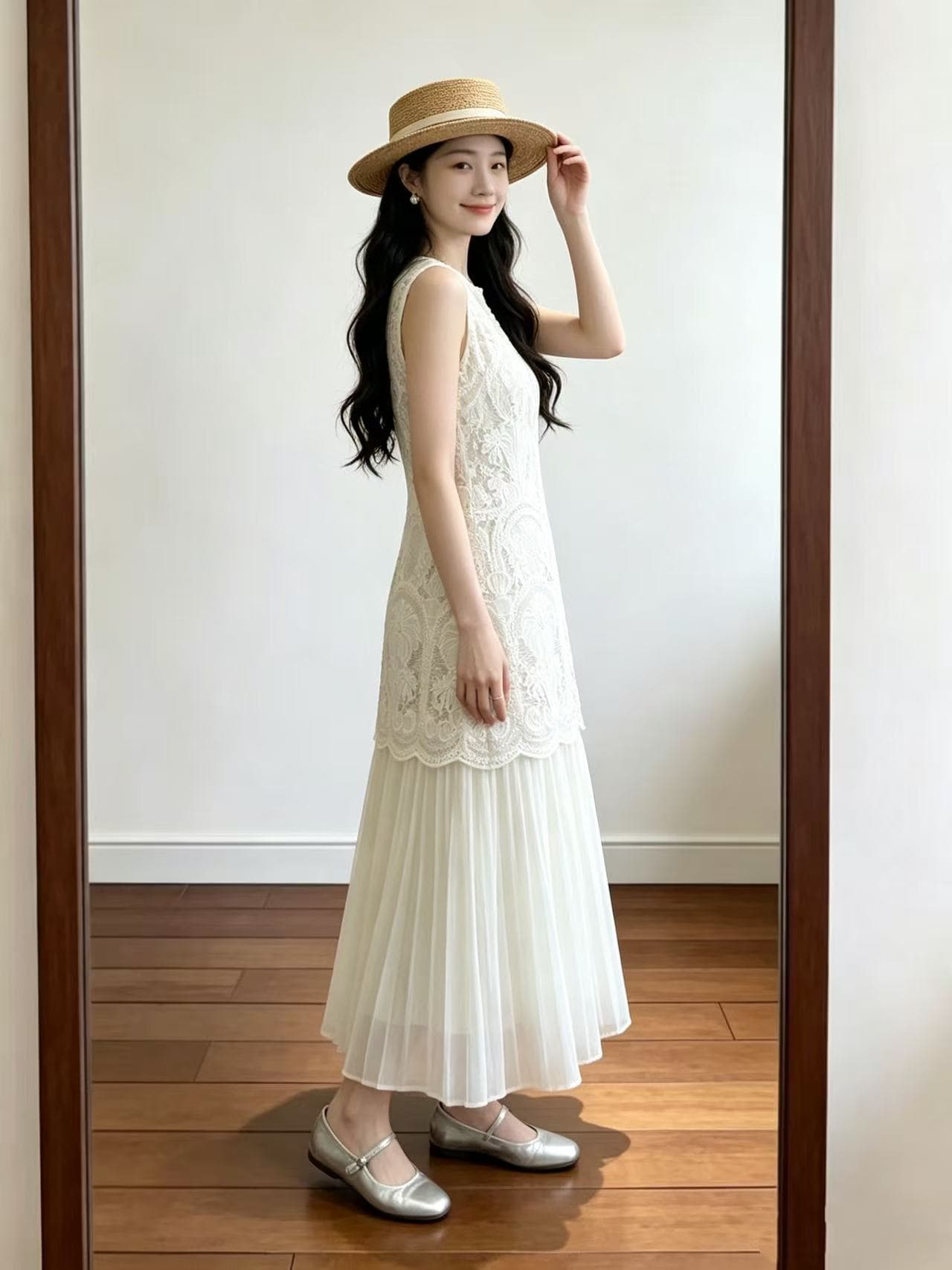 화이트 홀로우 아웃 광장 칼라 거품 소매 여성 드레스 여름 여름 작은 대중 디자인 순수한 롱 스커트 프랑스식 차 휴식 치마 이미지 5