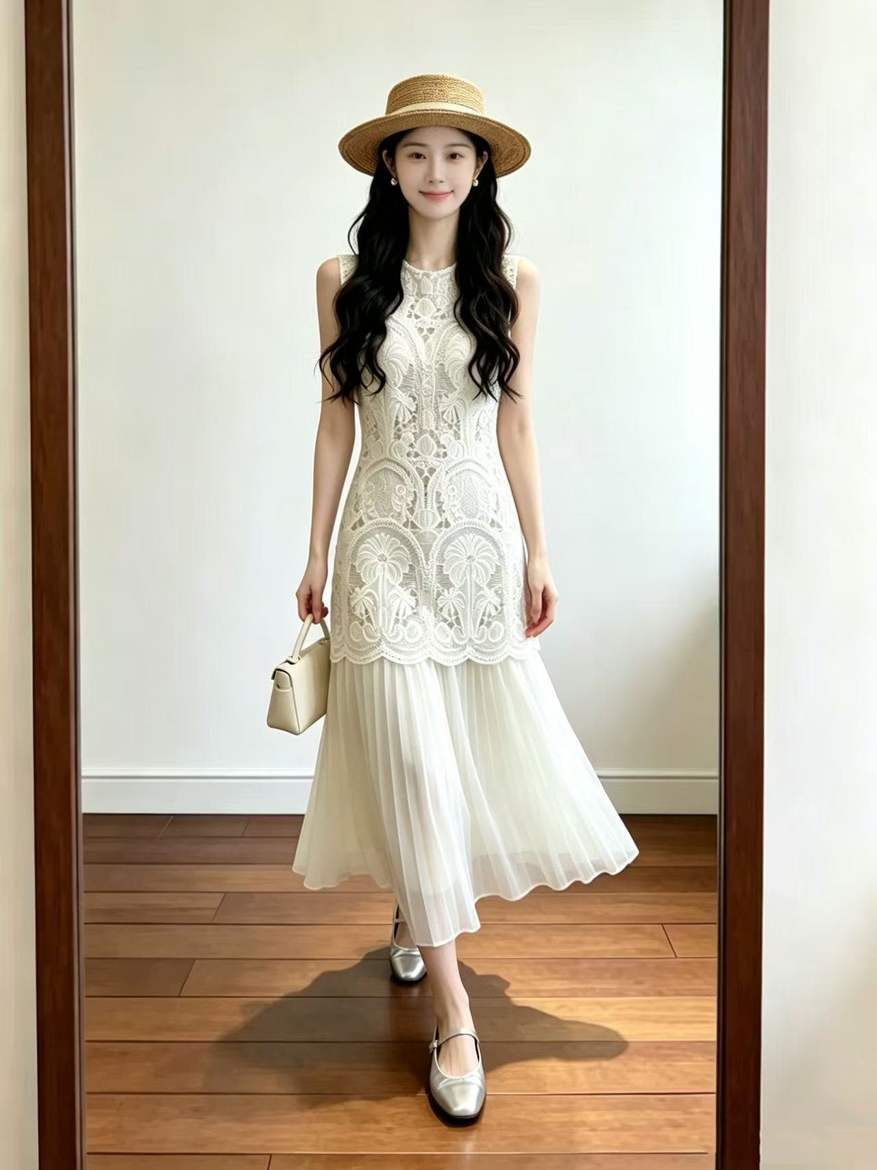 화이트 홀로우 아웃 광장 칼라 거품 소매 여성 드레스 여름 여름 작은 대중 디자인 순수한 롱 스커트 프랑스식 차 휴식 치마 상세 이미지 1