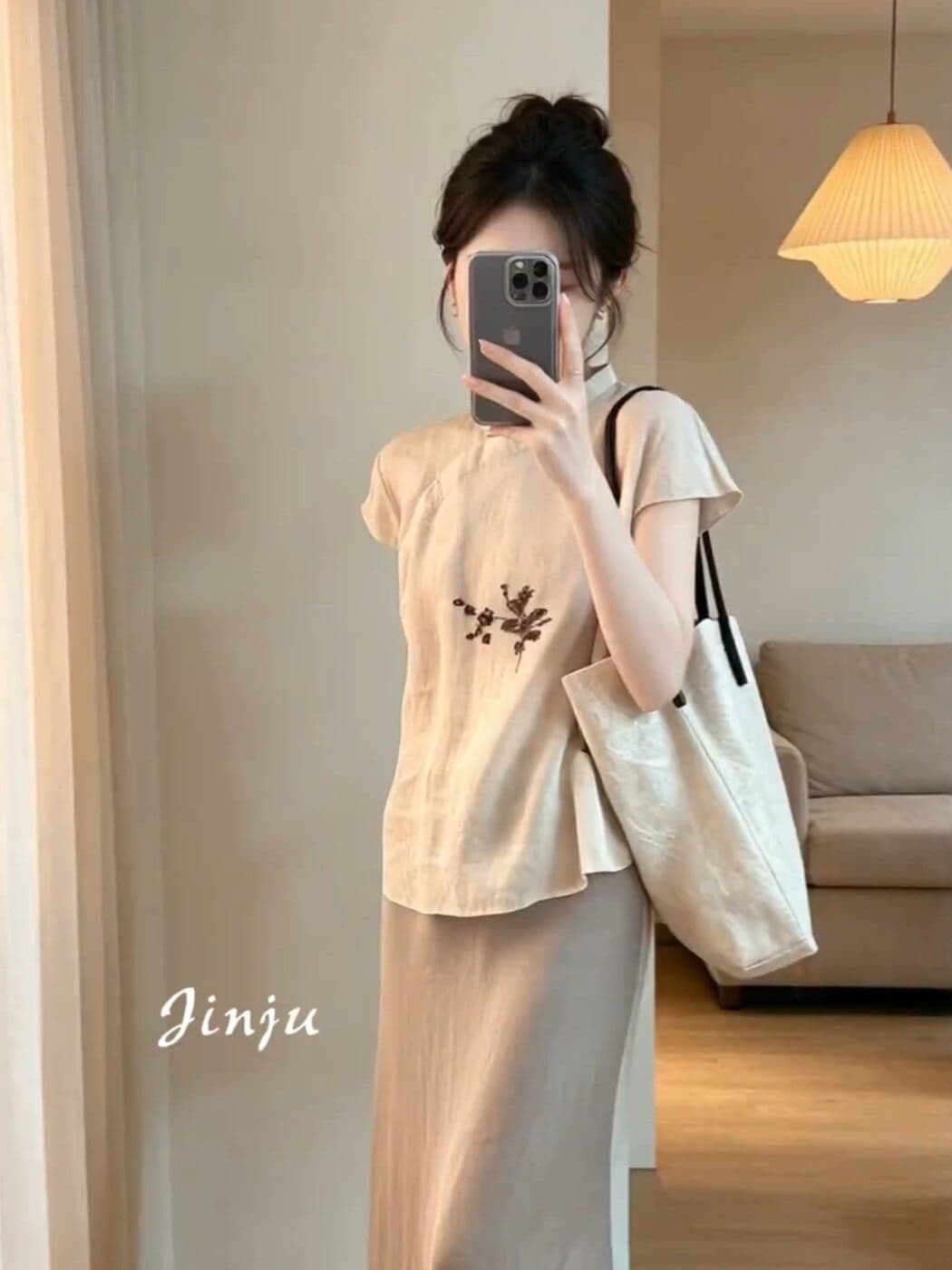 부드러운 바람 새로운 중식 비스듬한 襟 스탠드 칼라 반팔 셔츠 여성 의류 여름 그레이트 보지 마 명중 섹션 품격 작은 셔츠 맨위 이미지 4