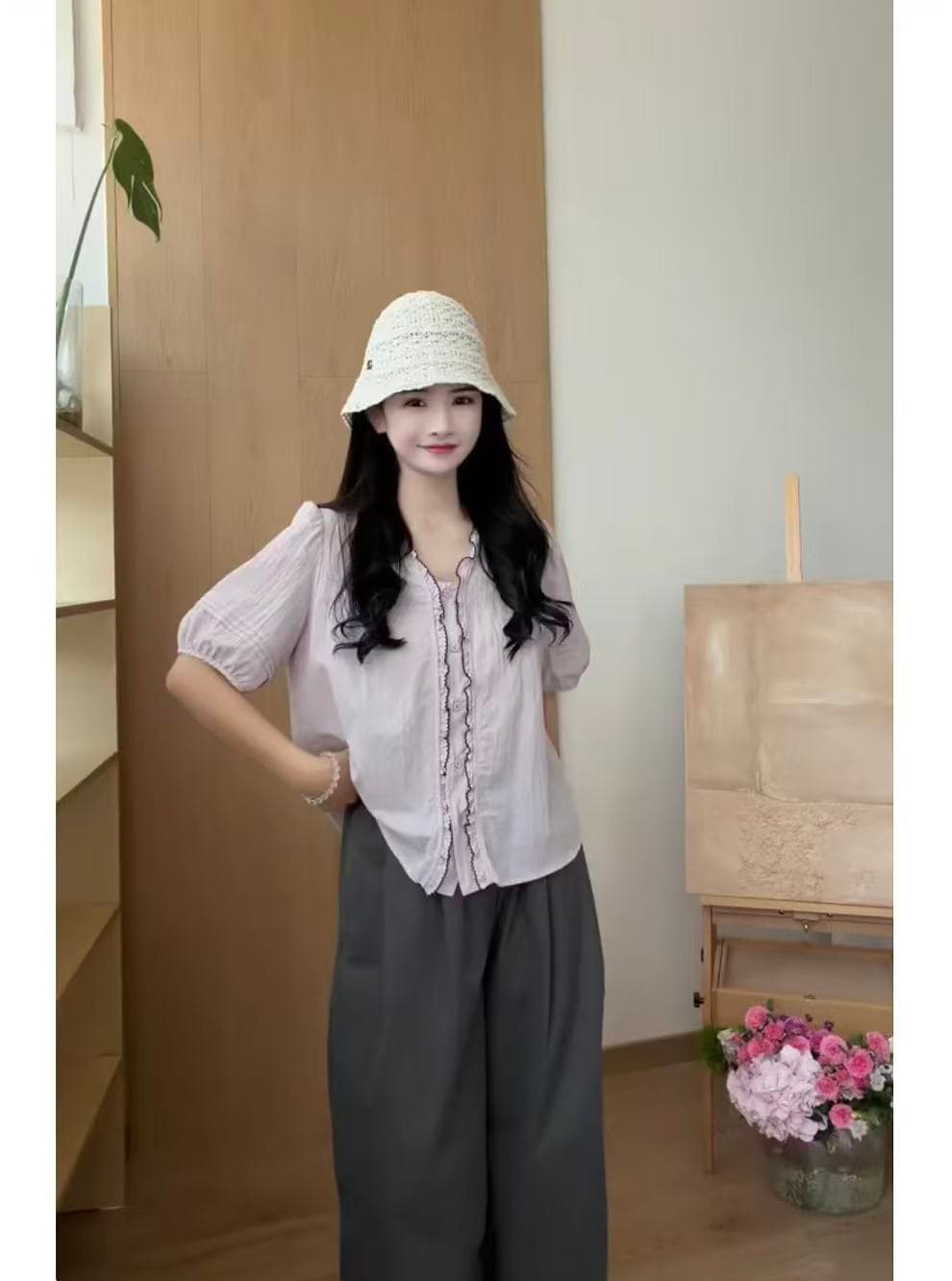 한 부서 부드러운 바람 프릴 V넥 거품 소매 여성 셔츠 루즈핏 슬림해 보이는 고급 센스 5 점 소매 보라색 맨위 이미지 2