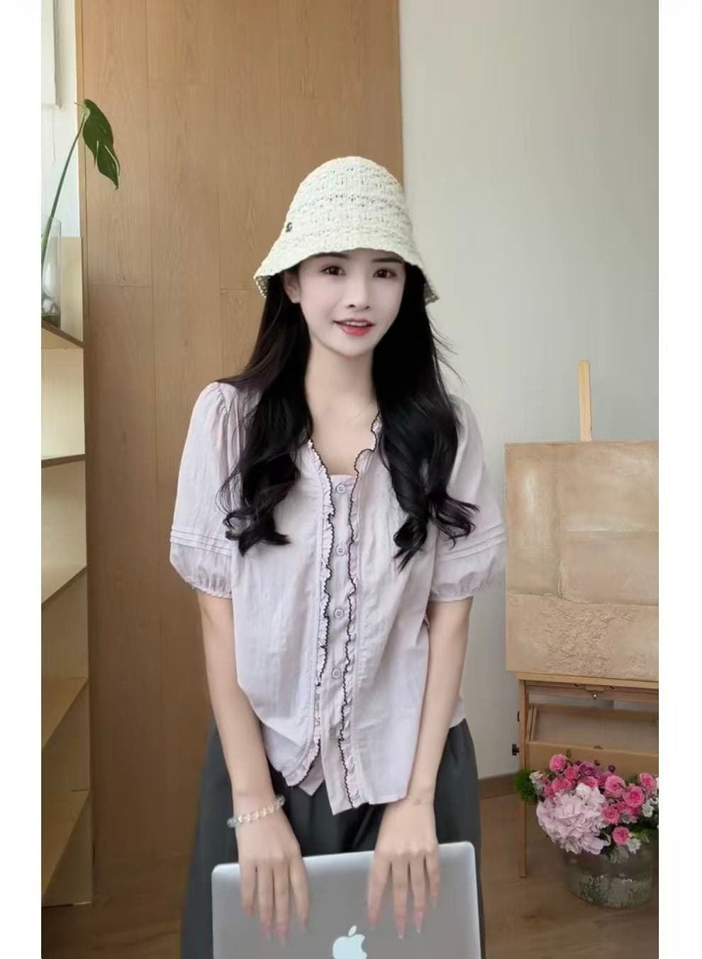 한 부서 부드러운 바람 프릴 V넥 거품 소매 여성 셔츠 루즈핏 슬림해 보이는 고급 센스 5 점 소매 보라색 맨위 이미지 3
