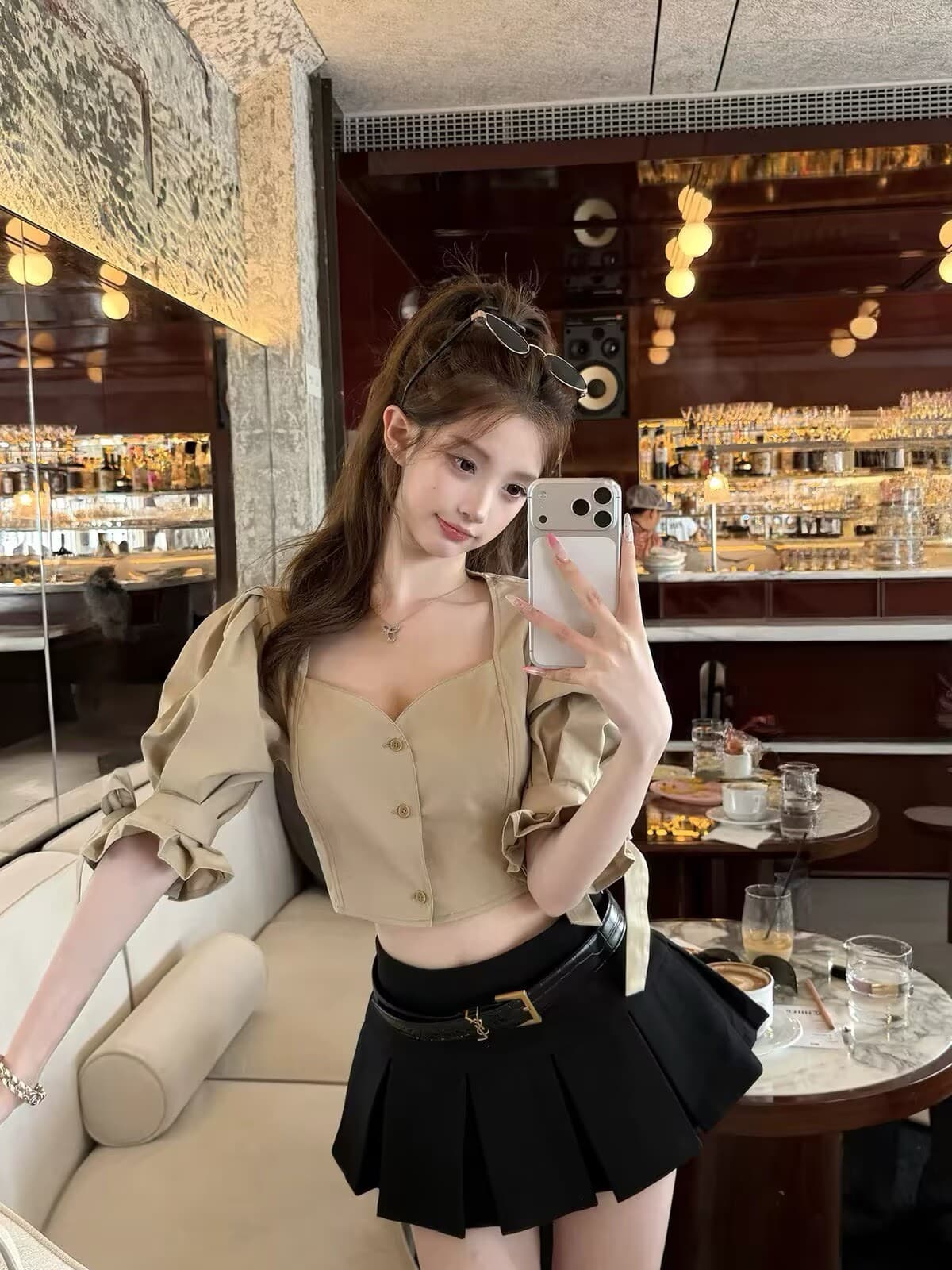 kubiliv 원 영어 미학 한 부서 거품 소매 셔츠 플리츠 반 스커트 미니 스커트 달콤한 매운맛 분위기 센스 세트 이미지 3