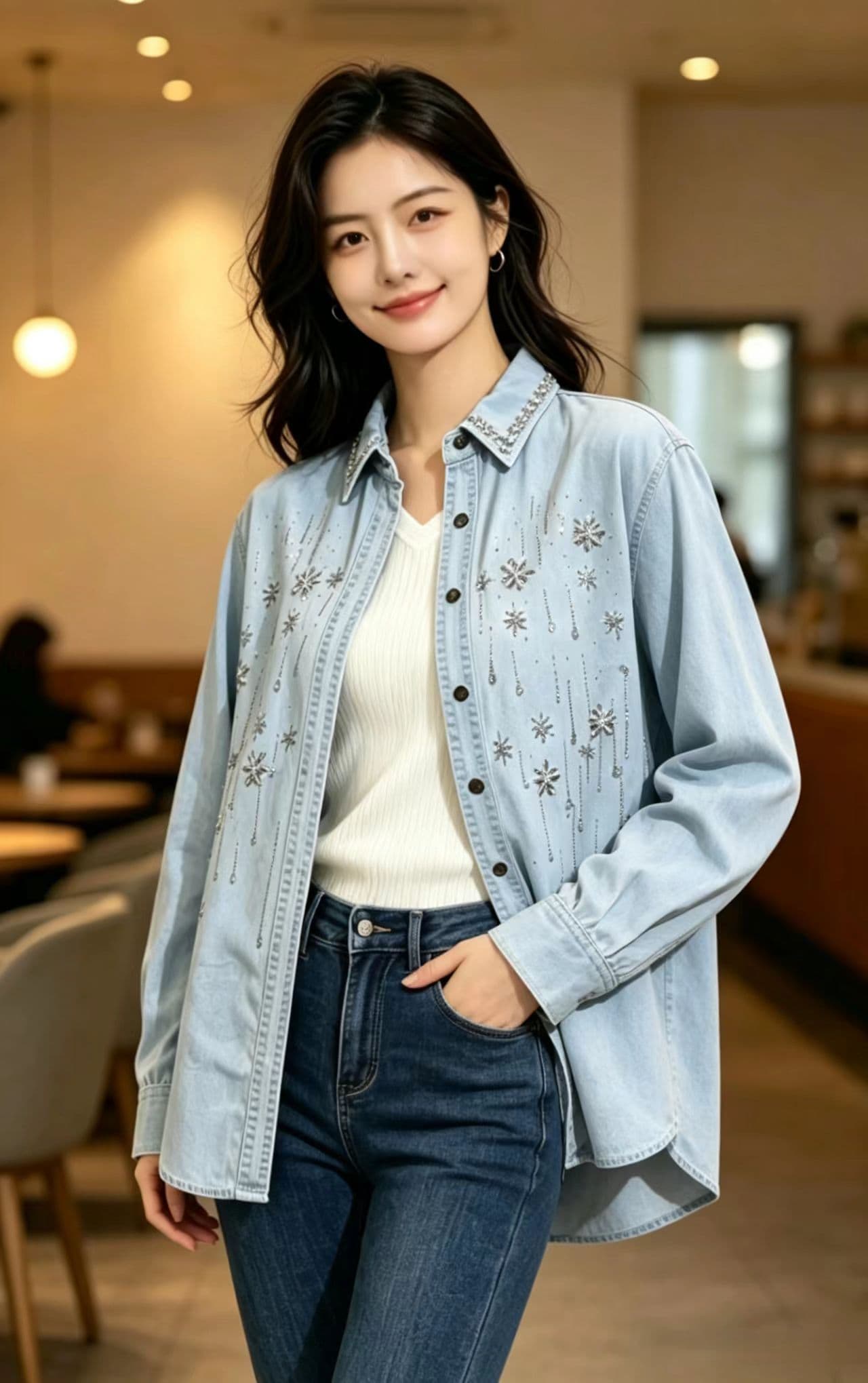 한국 동대문 데님 셔츠 여성 코트 무거운 작업 유럽 역 이미지 3