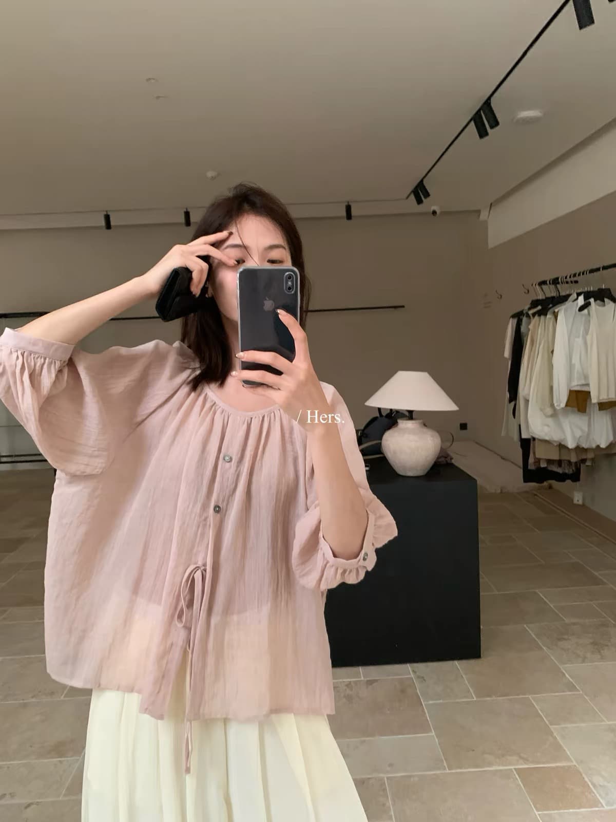 일본식 패션 루즈핏 미니멀리즘 출퇴근 라운드 넥 레이스업 다용도 작은 셔츠 이미지 3