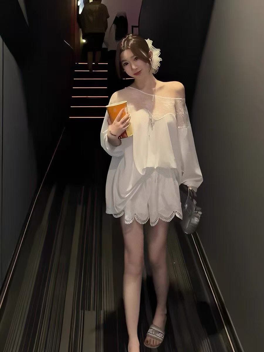 새로운 한 부서 패션 레이스 조각 긴팔 마이크로 ~을 통해 자외선 차단 의류 허리밴드 면직물 자수 치마바지 세트 이미지 3