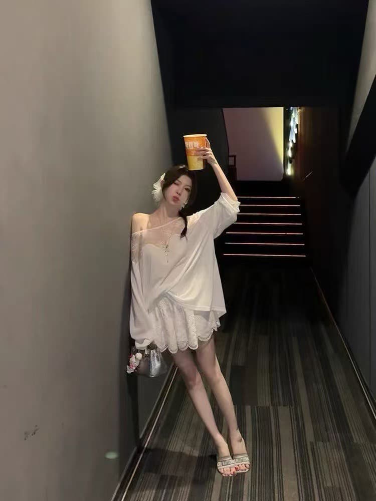 새로운 한 부서 패션 레이스 조각 긴팔 마이크로 ~을 통해 자외선 차단 의류 허리밴드 면직물 자수 치마바지 세트 상세 이미지 4