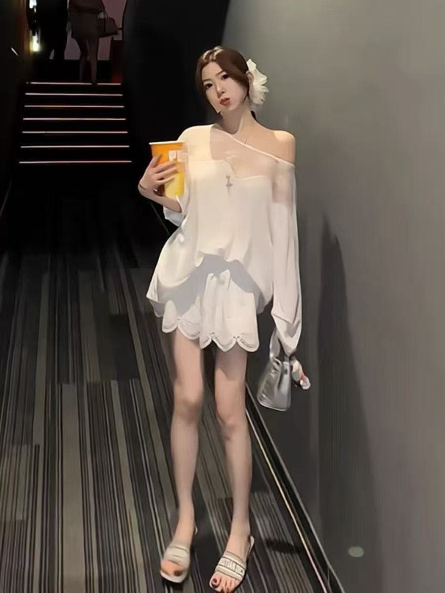 새로운 한 부서 패션 레이스 조각 긴팔 마이크로 ~을 통해 자외선 차단 의류 허리밴드 면직물 자수 치마바지 세트 상세 이미지 5