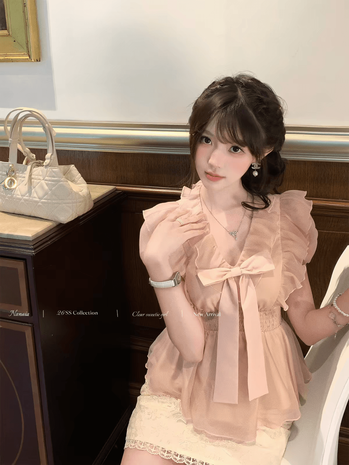 달콤한 수선화 청 수계 소녀 프랑스식 나비 매듭 프릴 레이스업 여성 셔츠 Feifei 소매 허리 수축 슬림해 보이는 이미지 4