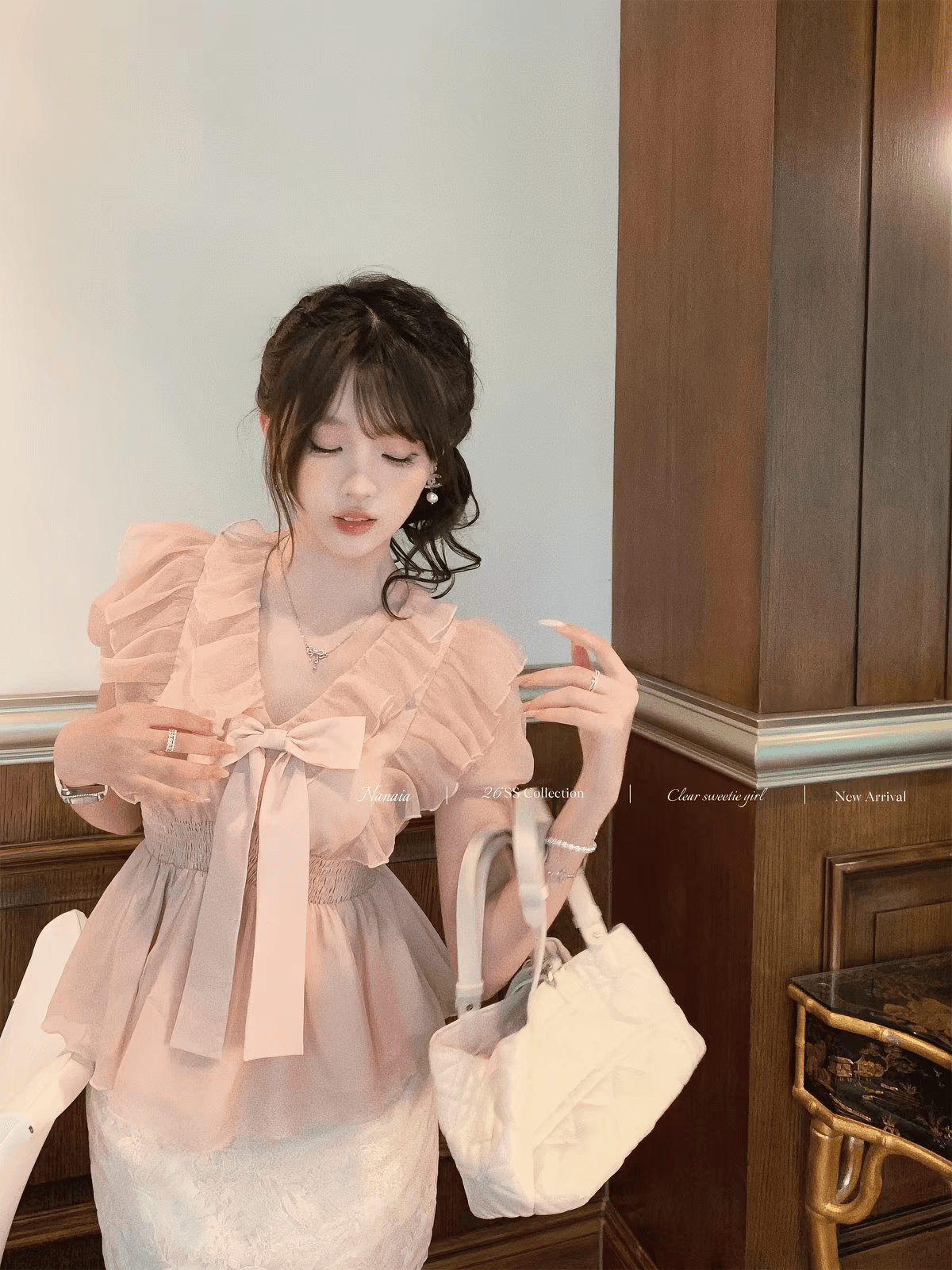 달콤한 수선화 청 수계 소녀 프랑스식 나비 매듭 프릴 레이스업 여성 셔츠 Feifei 소매 허리 수축 슬림해 보이는 이미지 2