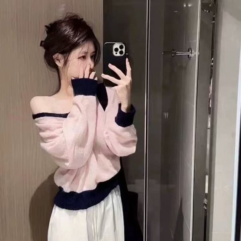 titi 아름다운 소녀 레트로 핑크색 패치워크 색상 V넥 부드러운 찹쌀 얇은 스타일 플리스 플러시 스웨터 부드러운 달콤함 맨위 이미지 5