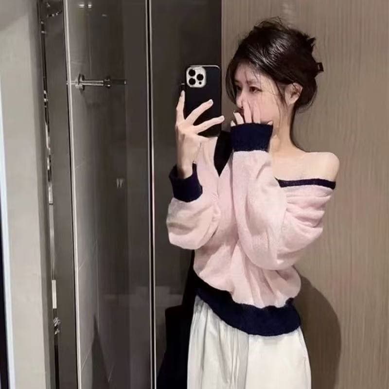 titi 아름다운 소녀 레트로 핑크색 패치워크 색상 V넥 부드러운 찹쌀 얇은 스타일 플리스 플러시 스웨터 부드러운 달콤함 맨위 상세 이미지 4