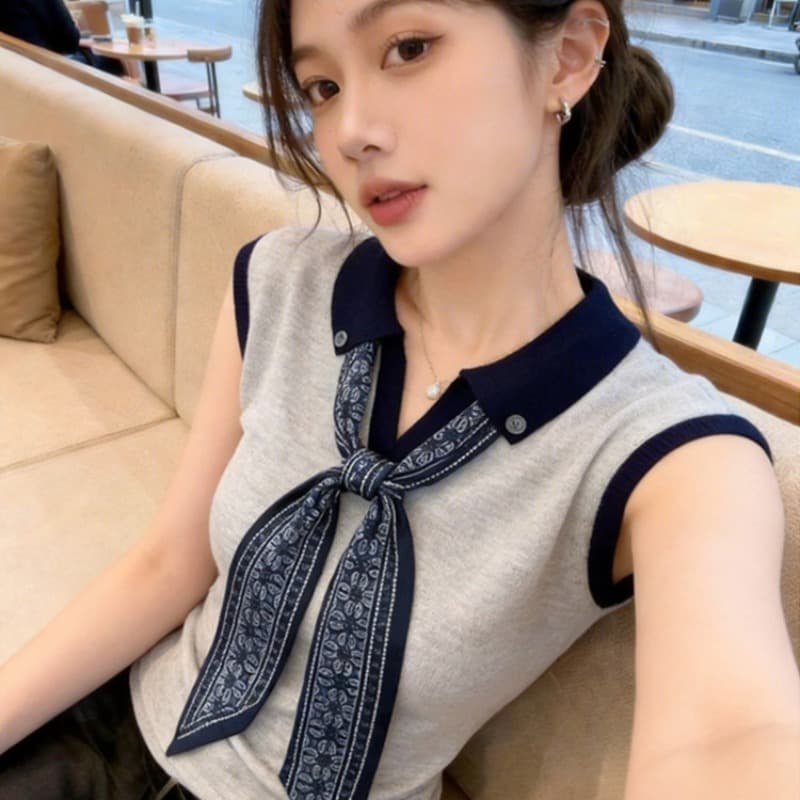 자이언트 잘 생긴 스카프 넥타이 긍정적 인 어깨 니트 티셔츠 여성 2026 슈퍼 화재 연령 감소 여름 한 부서 품격 어깨 맨위 이미지 5