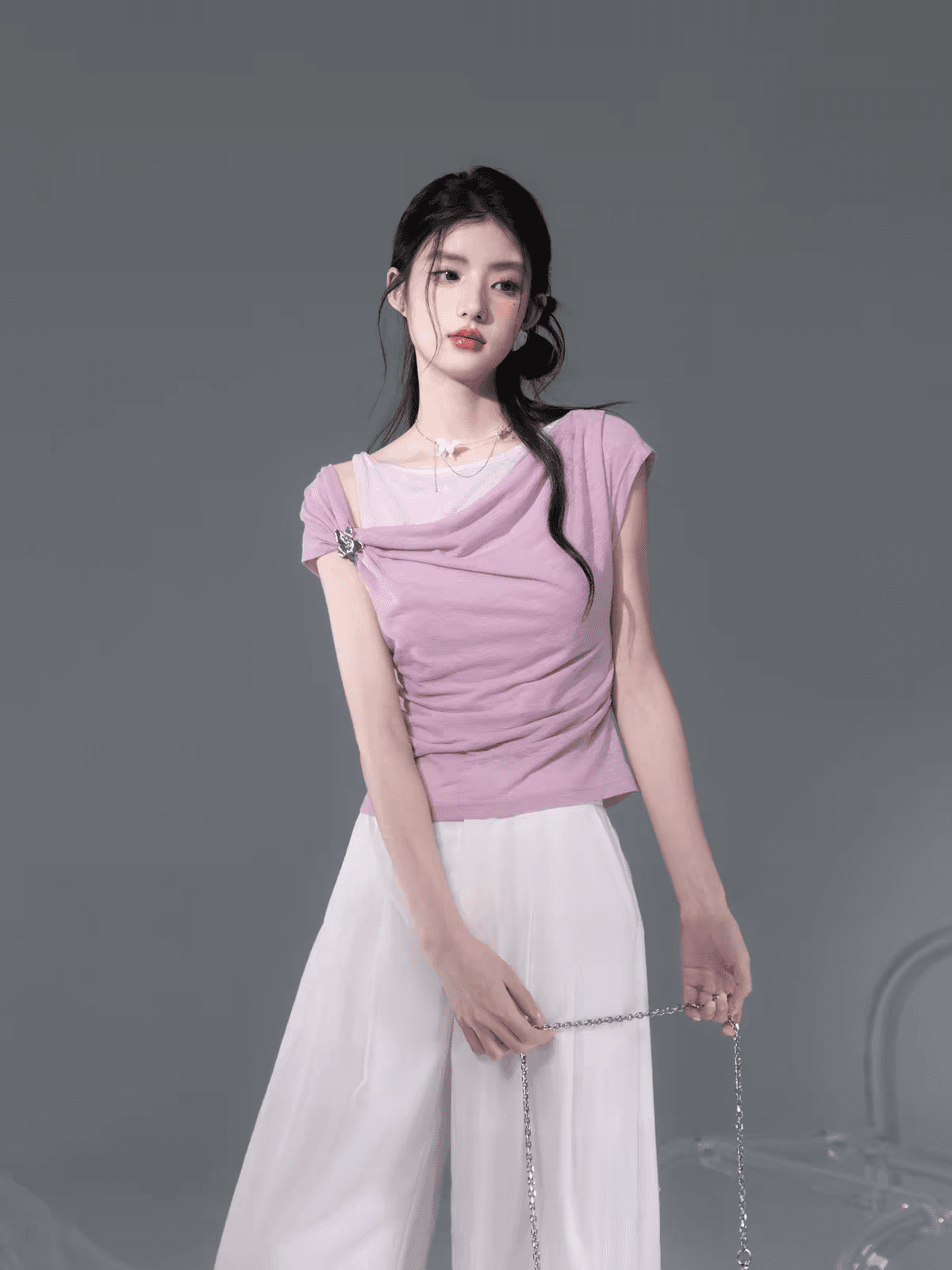 솜 복숭아 분말 비대칭 흔들다 칼라 니트 아마 투피스 조끼 이미지 3