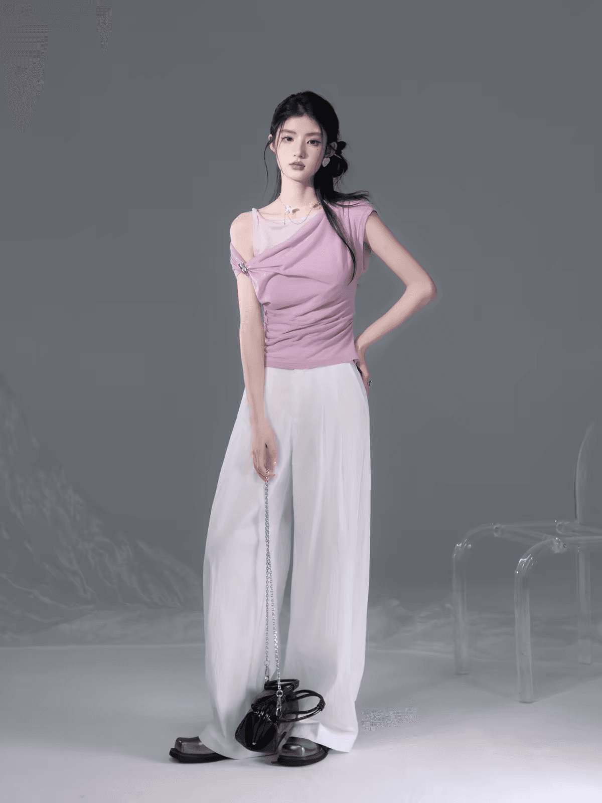 솜 복숭아 분말 비대칭 흔들다 칼라 니트 아마 투피스 조끼 상세 이미지 3